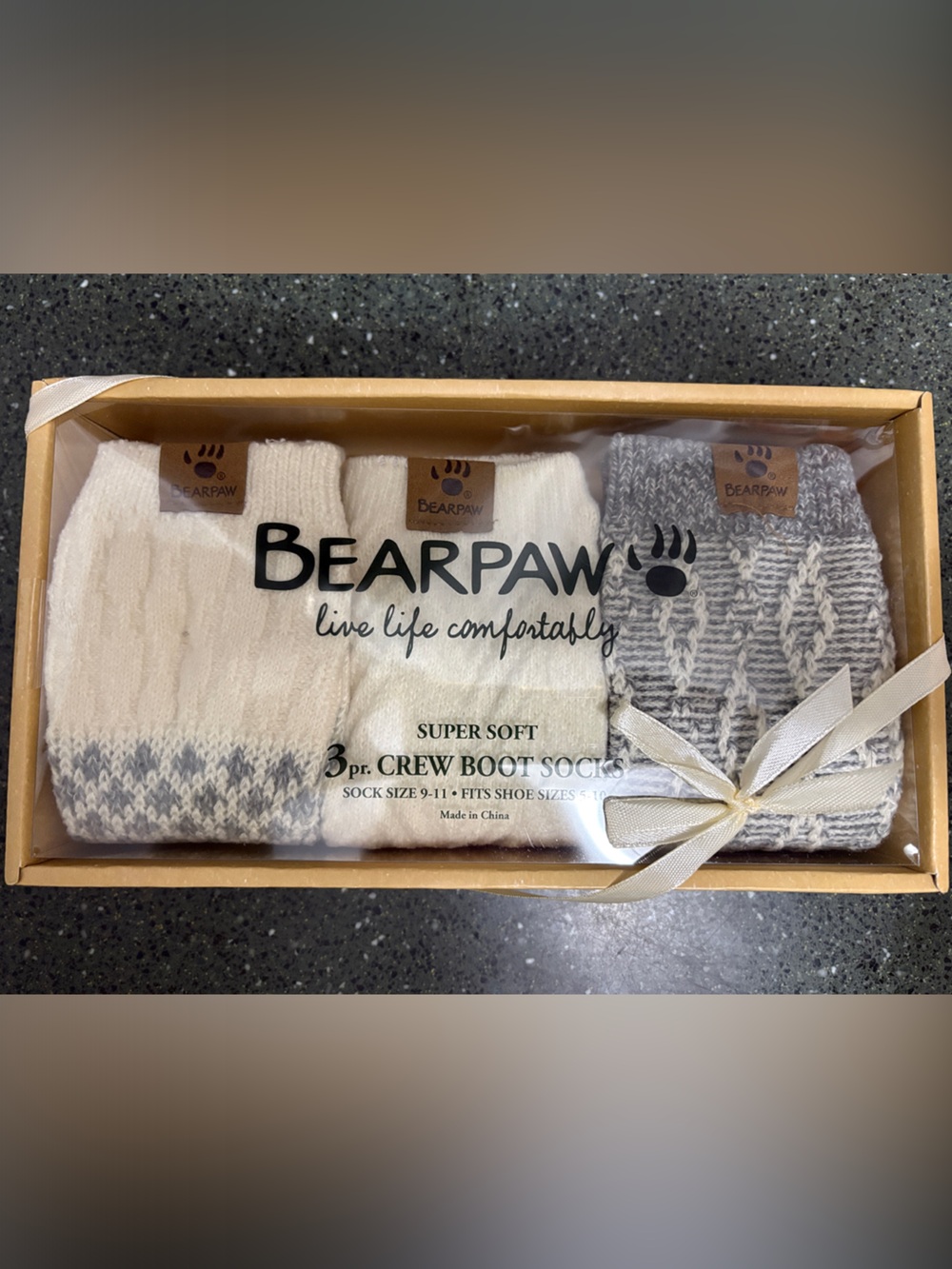 BearPaw 3-Pack Crew & Boot Socks — Cream & Light Gray